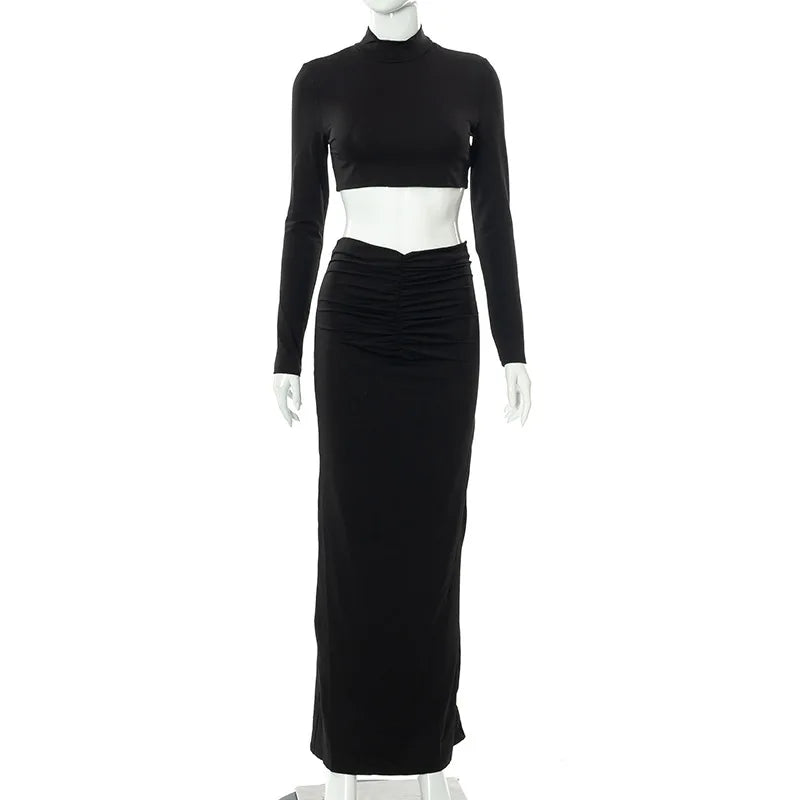 2 Piece Set White Long Sleeve Top + Ruche Maxi Skirt