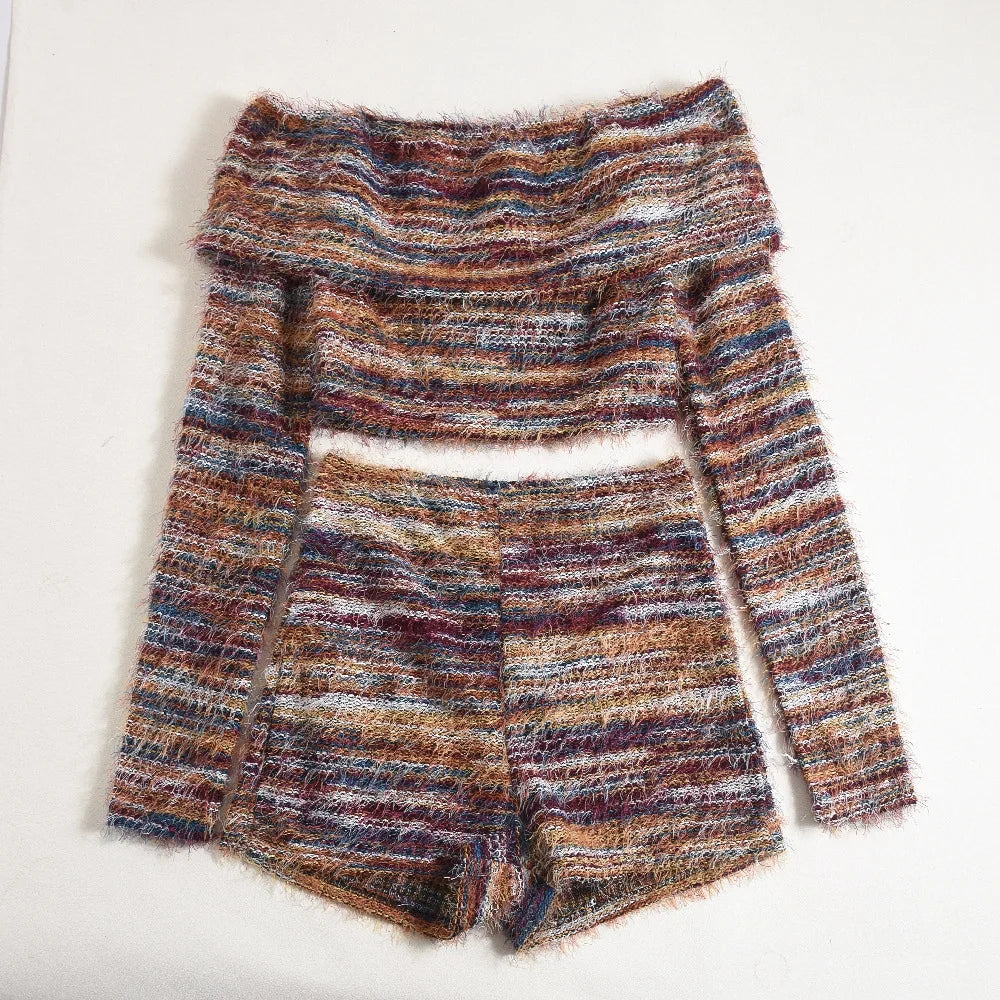 Colorful Stripe Knitted 2 Piece Set Slash Neck Long Sleeve Sweater + Tight Shorts