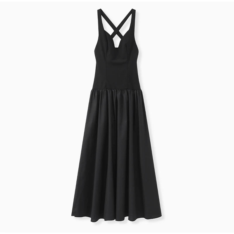 Black Satin Patchwork V-neck Sleeveless Backless Maxi Dress