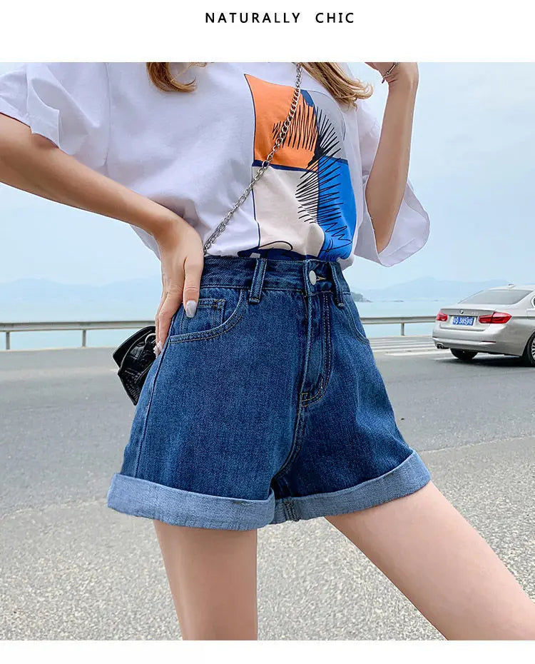 Summer Women's Denim Shorts High Waist Blue Cotton Wide-leg Short Pants Girl's Student Mini Korean Fashion Womens Jean Shorts