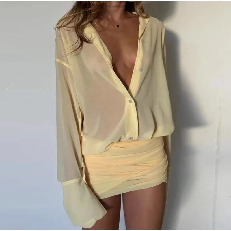 Elegant Yellow Lapel Buttons Pleated Mini Dresses