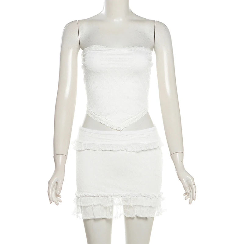 2 Piece Lace Sheer Off Shoulder Tube Top + Mini Tiered Ruffle Skirt