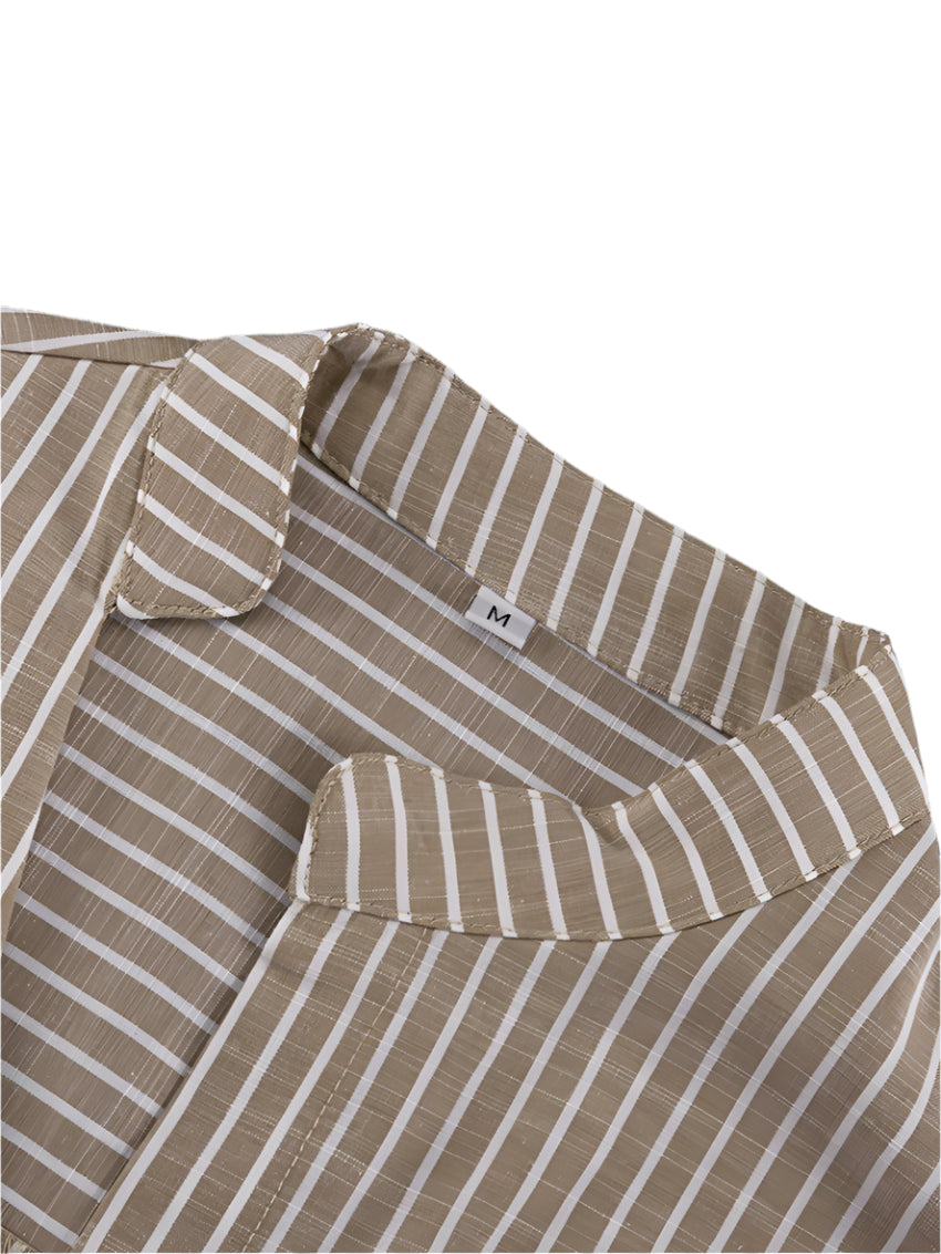 Classic Brown Striped Stand Collar Long Sleeve Shirt