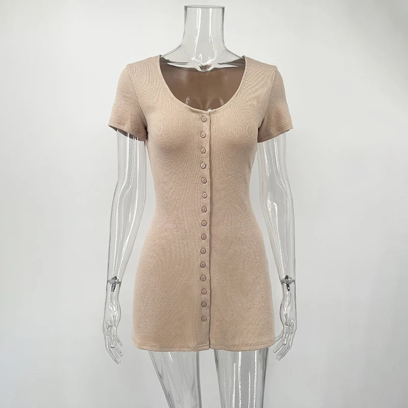 TARUXY 2025 Summer New Knitted Mini Dress Female Elegant V Neck Buttons Short Sleeve Dress High Elasticity Casual Women's Dress