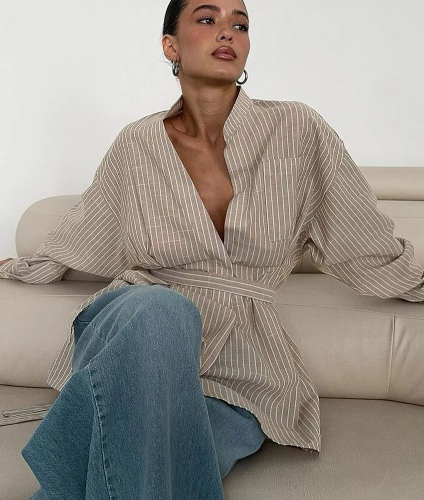 Classic Brown Striped Stand Collar Long Sleeve Shirt