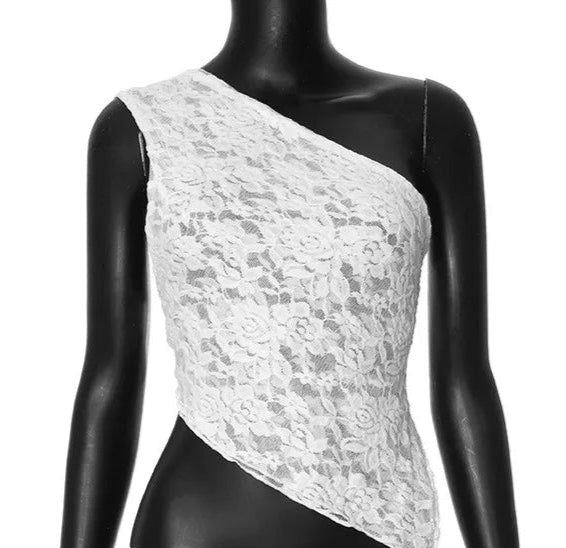 Luxury Lace Open Waist Asymmetric Slant Neck Top
