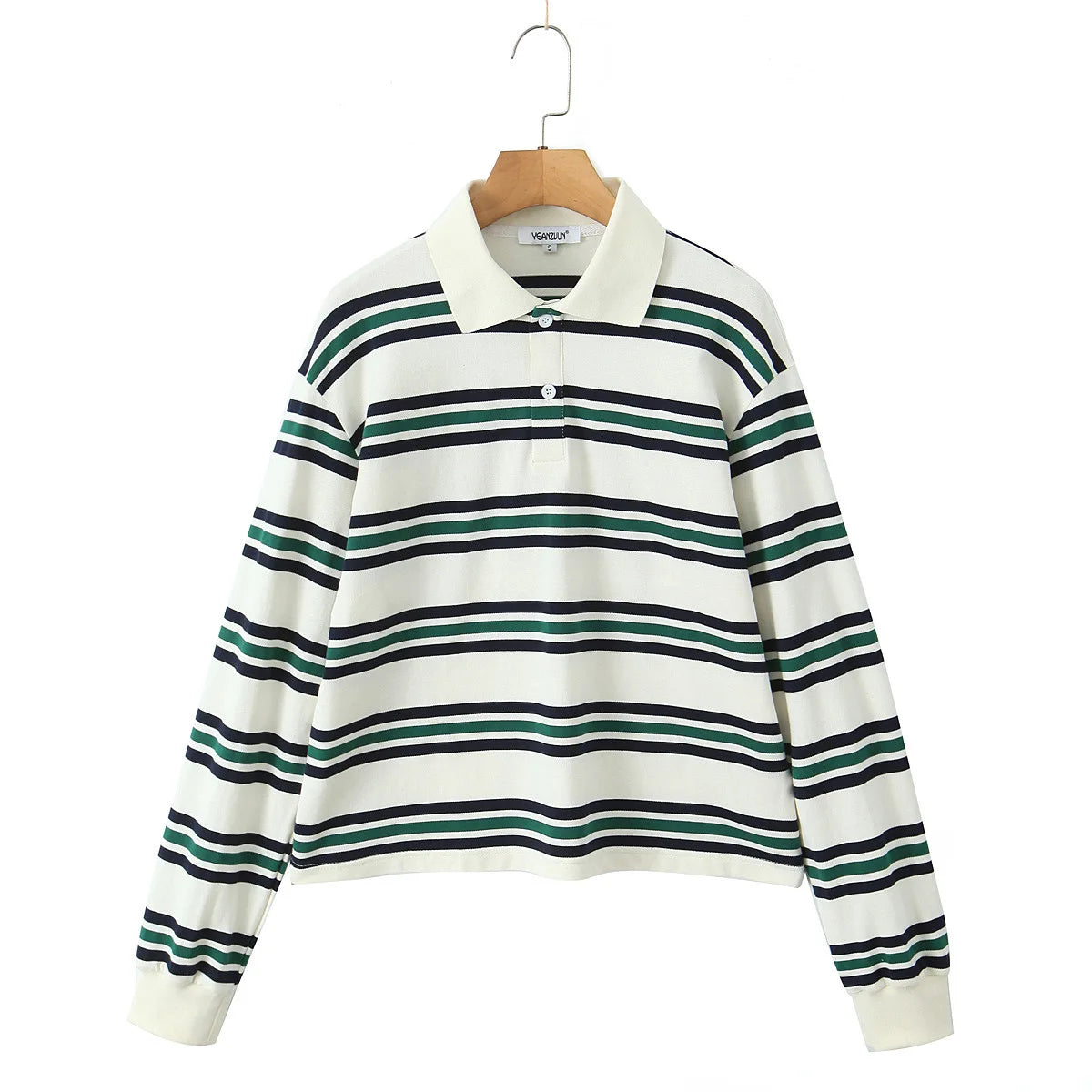 Striped Contrast Button Turndown Collar Tee
