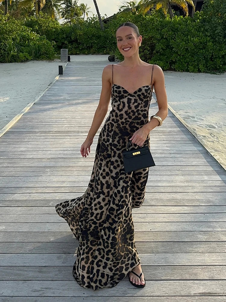 Long Lepord Print Sling High Waist Dress