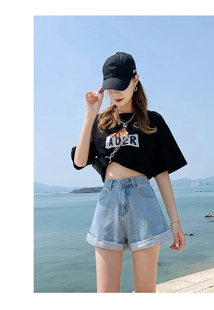 Summer Women's Denim Shorts High Waist Blue Cotton Wide-leg Short Pants Girl's Student Mini Korean Fashion Womens Jean Shorts