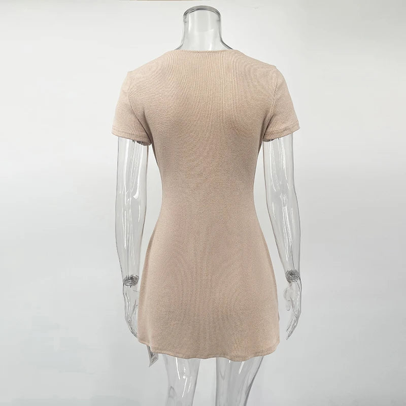 TARUXY 2025 Summer New Knitted Mini Dress Female Elegant V Neck Buttons Short Sleeve Dress High Elasticity Casual Women's Dress