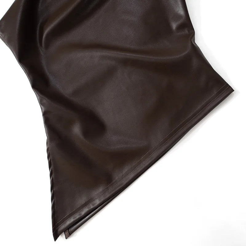 Vintage One Shoulder Slant Collar Side Zipper Leather Top