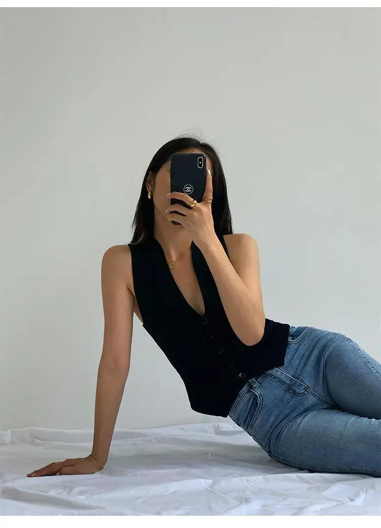 Vintage Solid V-Neck Vest