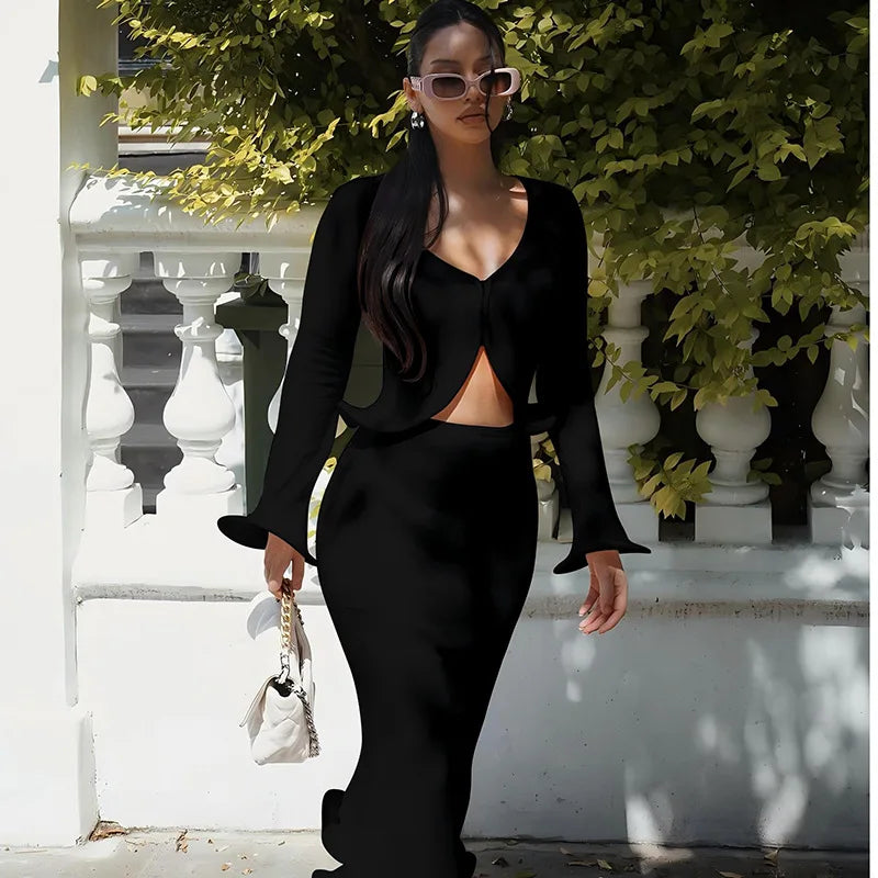 2 Piece Set Ruffle High Waist Maxi Skirt + Ruffle V-Neck Crop Top