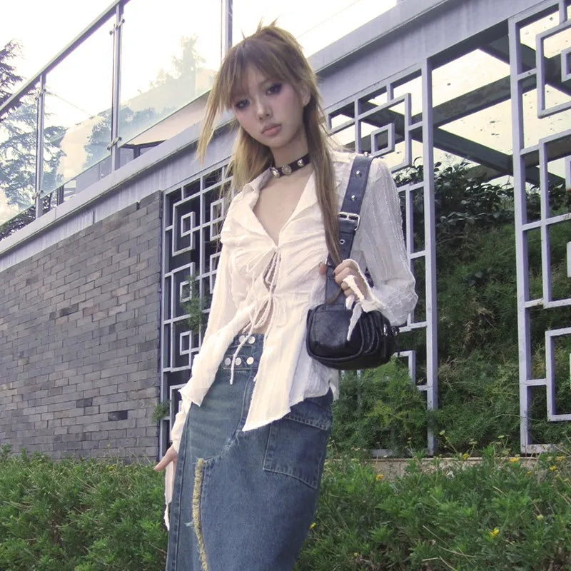 Peated Lace Up V-Neck Top