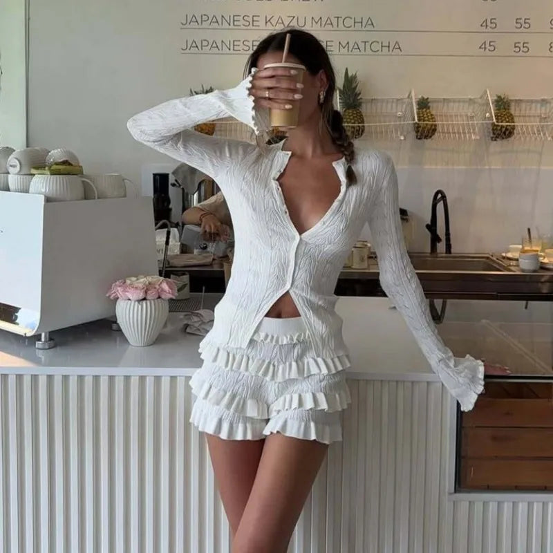 Elegant Slim Ruffle Long Sleeve Top and Mini Shorts Two piece Set