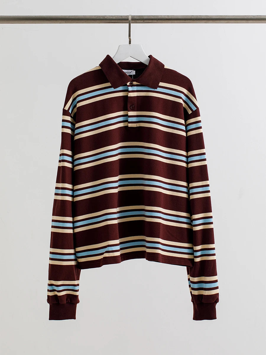 Striped Contrast Button Turndown Collar Tee