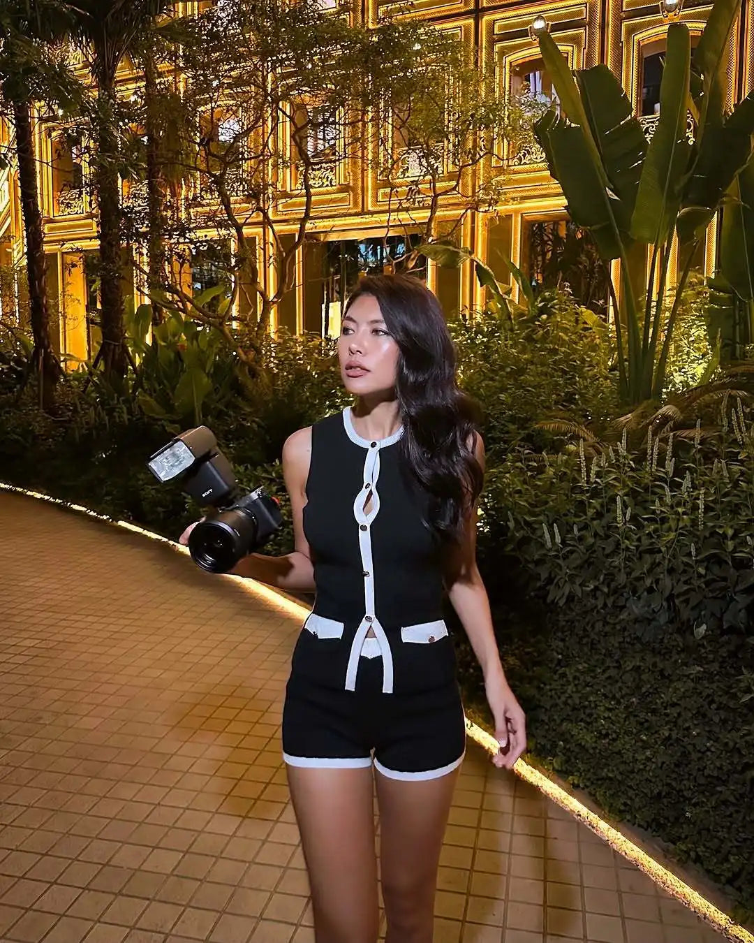 Slim Knitted Patchwork Top and Mini Shorts