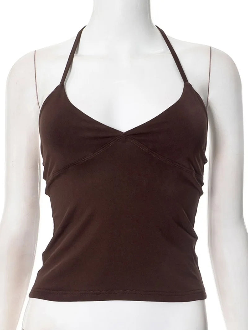 Summer Brown Halter Neck Tie Camisoles