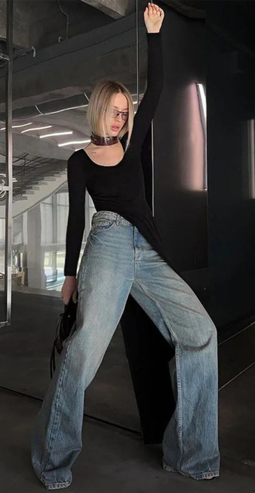 Solid Full Sleeve U-Neck Split Super-Long Top