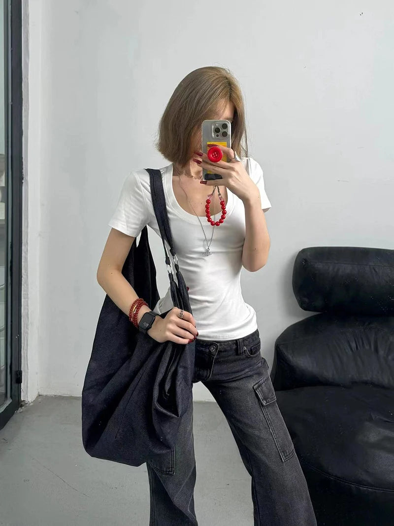 High Waist Flare Denim Pants Multiple Pockets Denim Trouser
