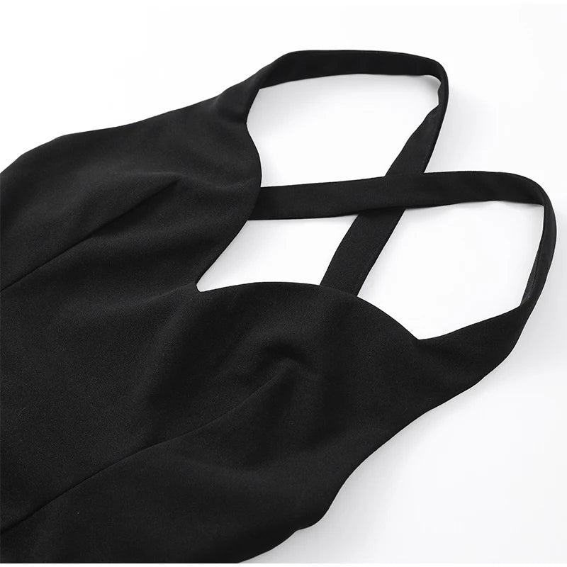 Black Satin Patchwork V-neck Sleeveless Backless Maxi Dress