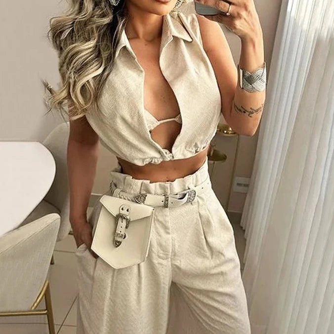 Two Piece Pants Set Solid Lapel V Neck Sleeveless Crop Top + High Waist Pocket Wide Leg Pants