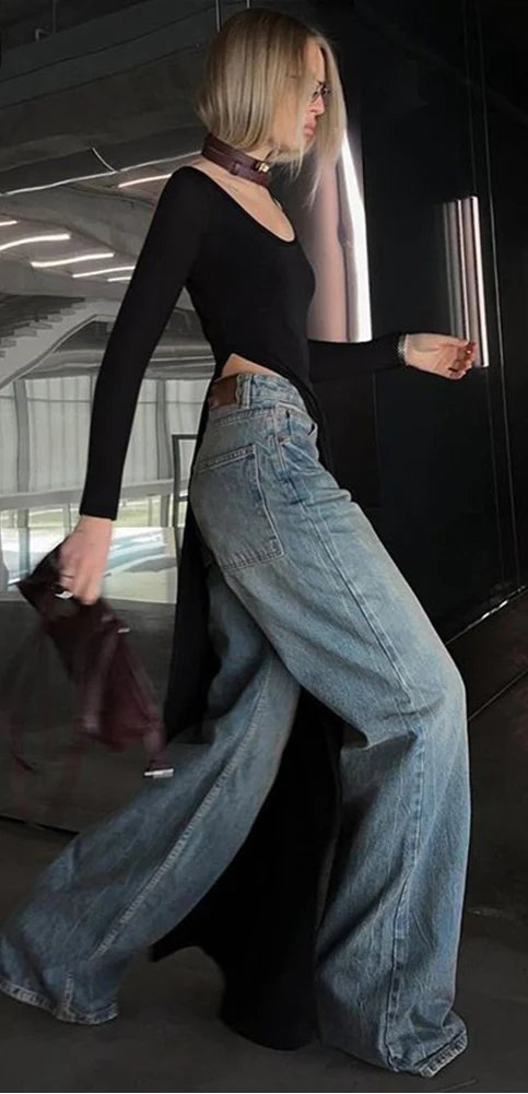 Solid Full Sleeve U-Neck Split Super-Long Top