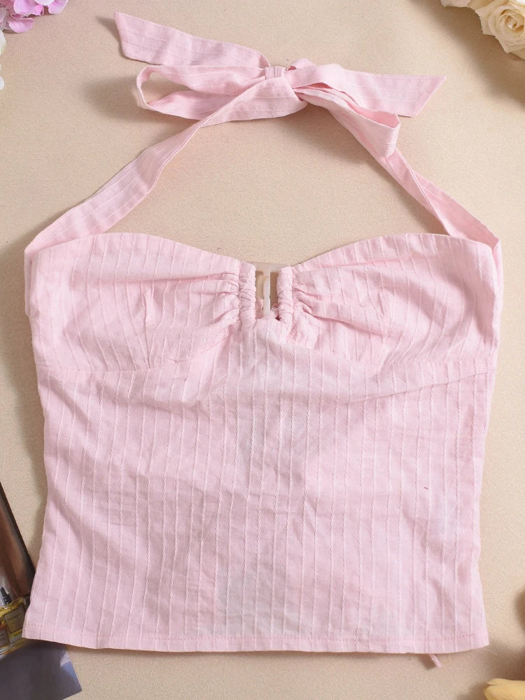 Chic Solid Color Stripe Crop Backless Halter Lace-Up Top