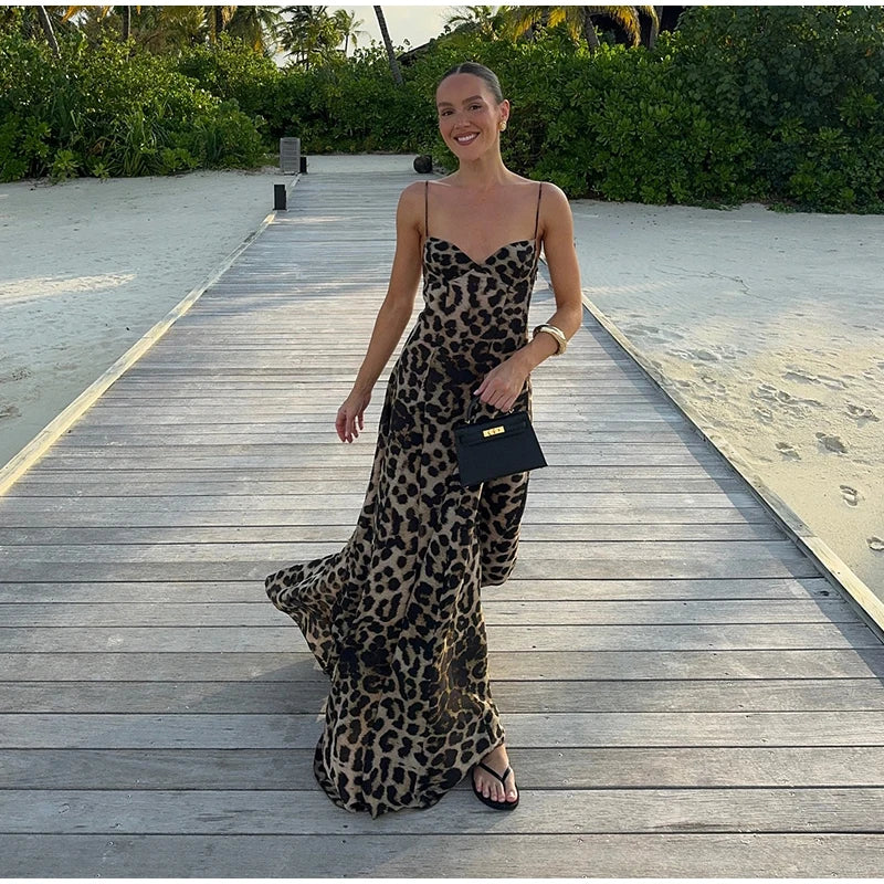 Long Lepord Print Sling High Waist Dress