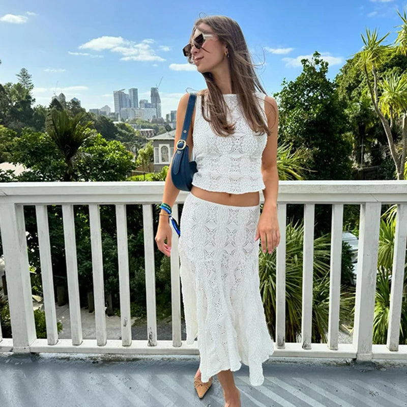White Casual 2 Piece-Set Long Skirt + Hollow Out Patchwork Sexy Cropped Tank Top