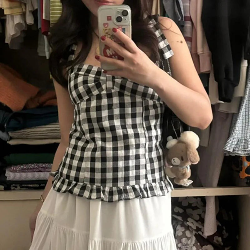 Slim Fit Polka Dot/Plaid Pattern Halter Tops