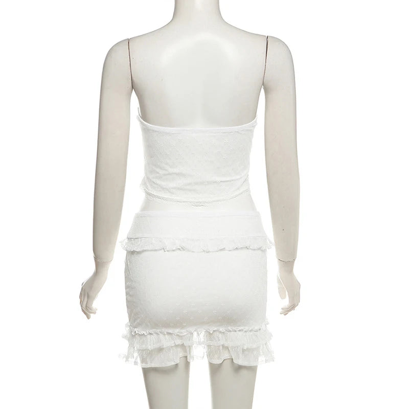 2 Piece Lace Sheer Off Shoulder Tube Top + Mini Tiered Ruffle Skirt