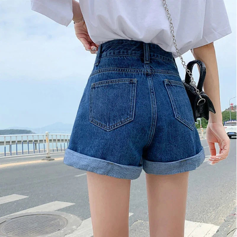 Summer Women's Denim Shorts High Waist Blue Cotton Wide-leg Short Pants Girl's Student Mini Korean Fashion Womens Jean Shorts