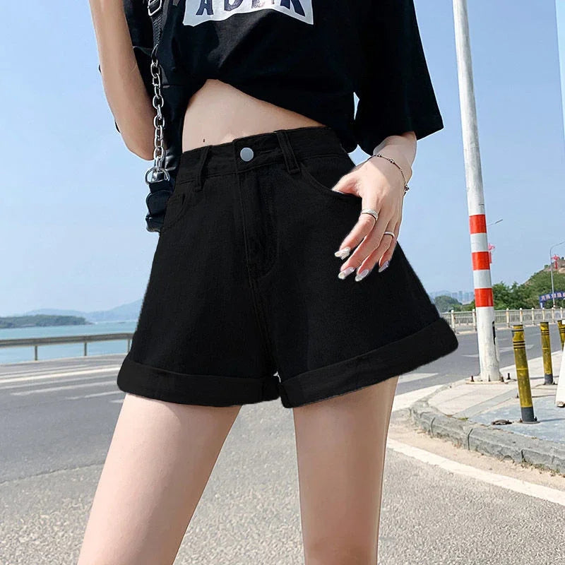 Summer Women's Denim Shorts High Waist Blue Cotton Wide-leg Short Pants Girl's Student Mini Korean Fashion Womens Jean Shorts