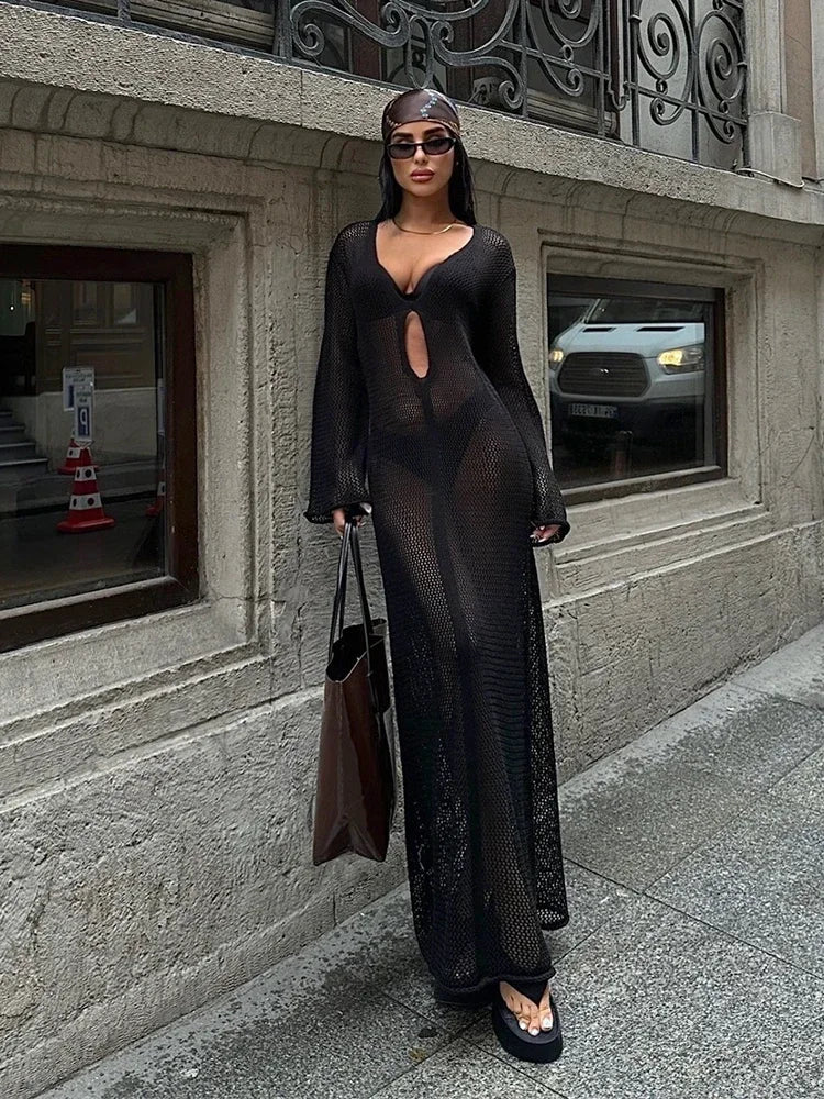 Knit Mesh V-Neck Flared Sleeve Cut Out Cover Up