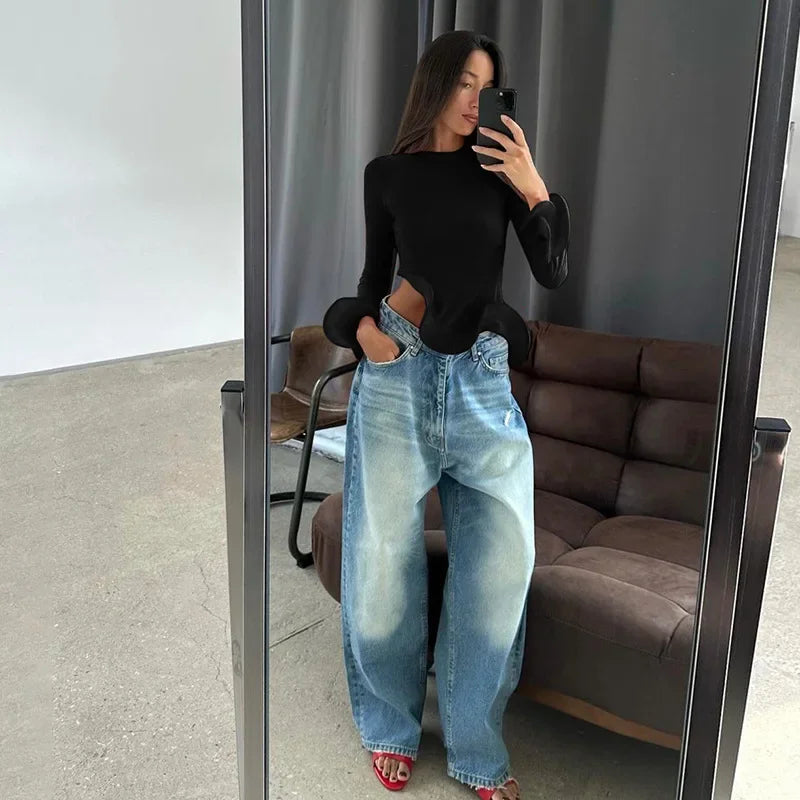 Asymmetry Slim Ruffle Long Sleeve