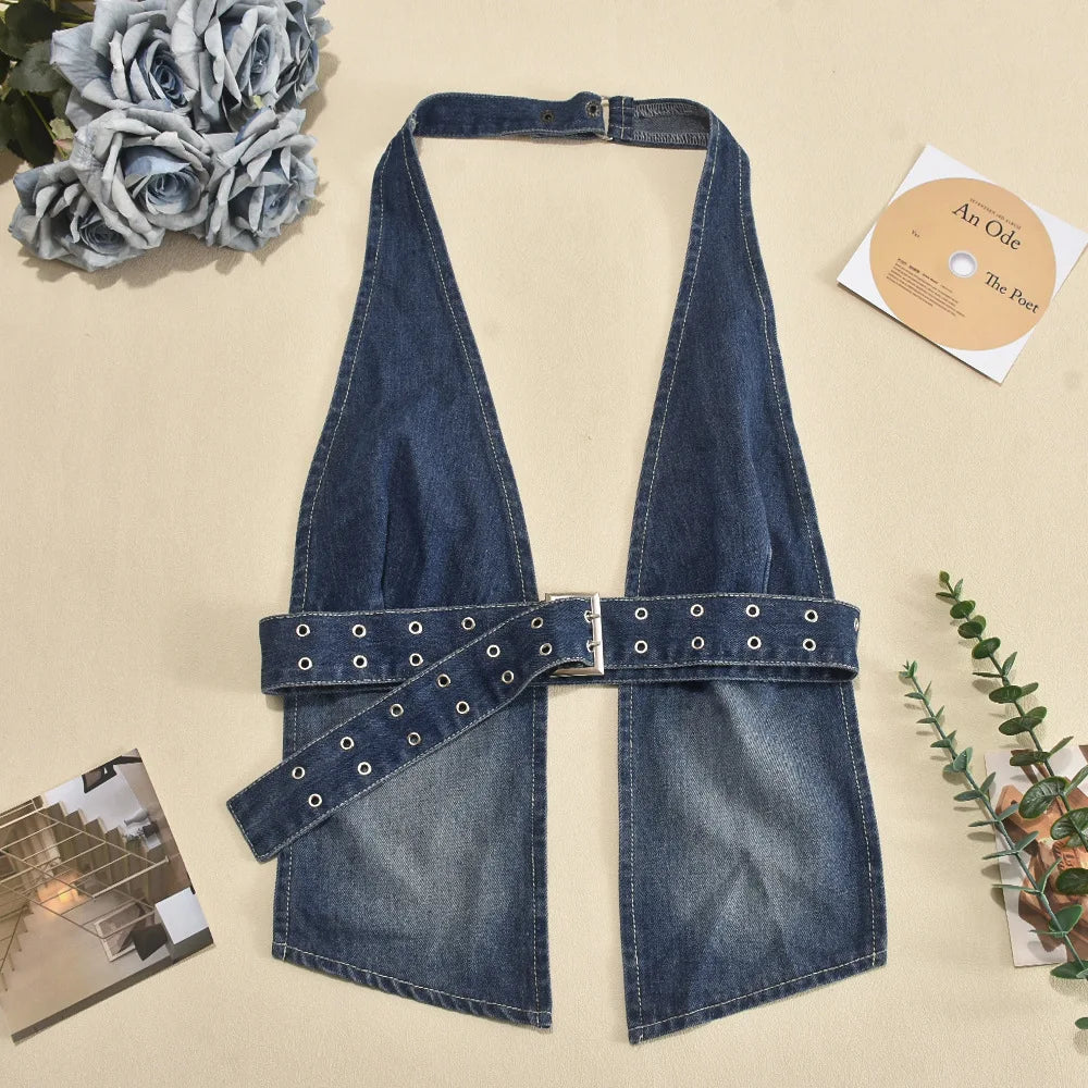 Denim Cut Out Adjustable Strap Top with Plunge Backless Halter Neck