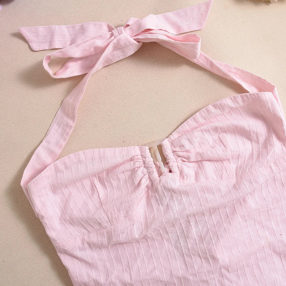 Chic Solid Color Stripe Crop Backless Halter Lace-Up Top