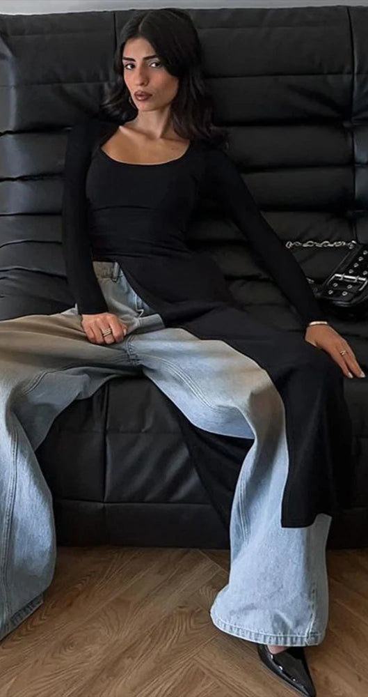 Solid Full Sleeve U-Neck Split Super-Long Top