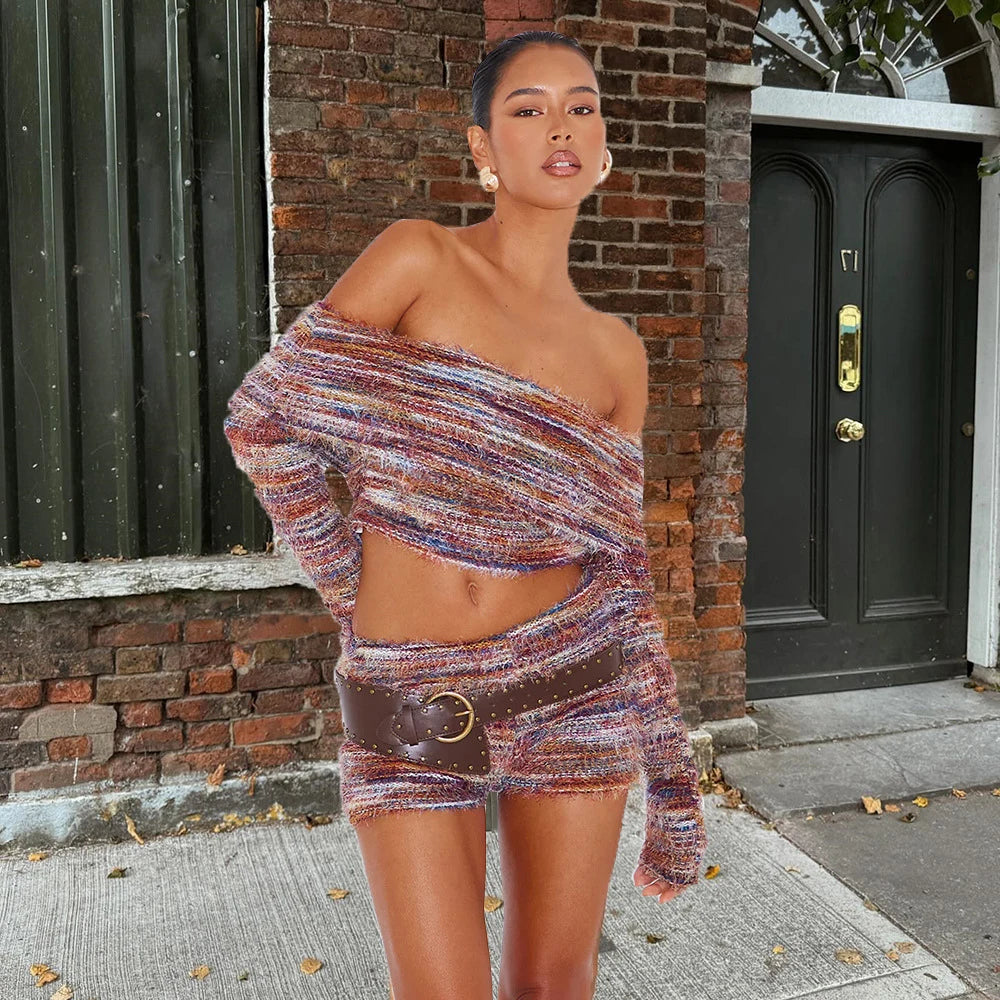 Colorful Stripe Knitted 2 Piece Set Slash Neck Long Sleeve Sweater + Tight Shorts