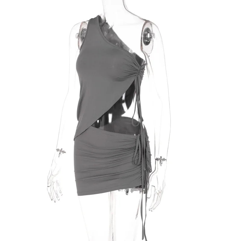 2 Piece Drawstring Set One Shoulder Crop Top + Mini Skirts