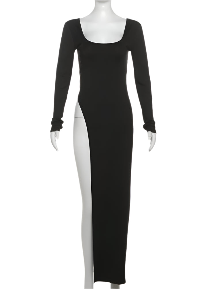 Solid Full Sleeve U-Neck Split Super-Long Top