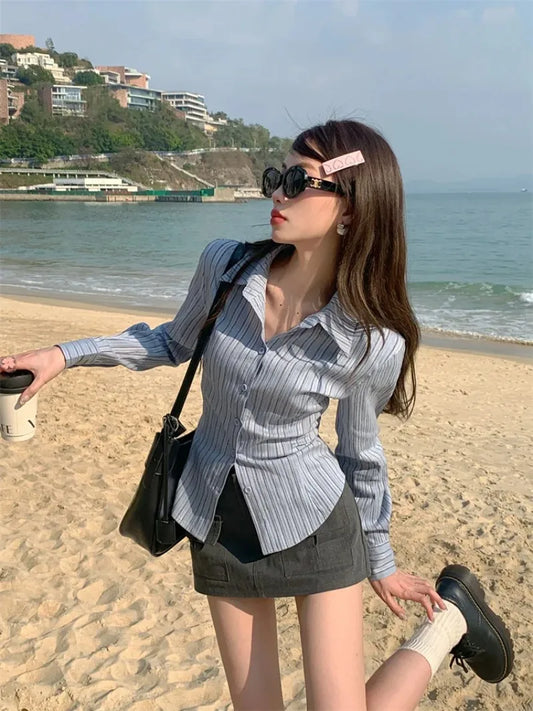 Striped Polo Collar Blouse