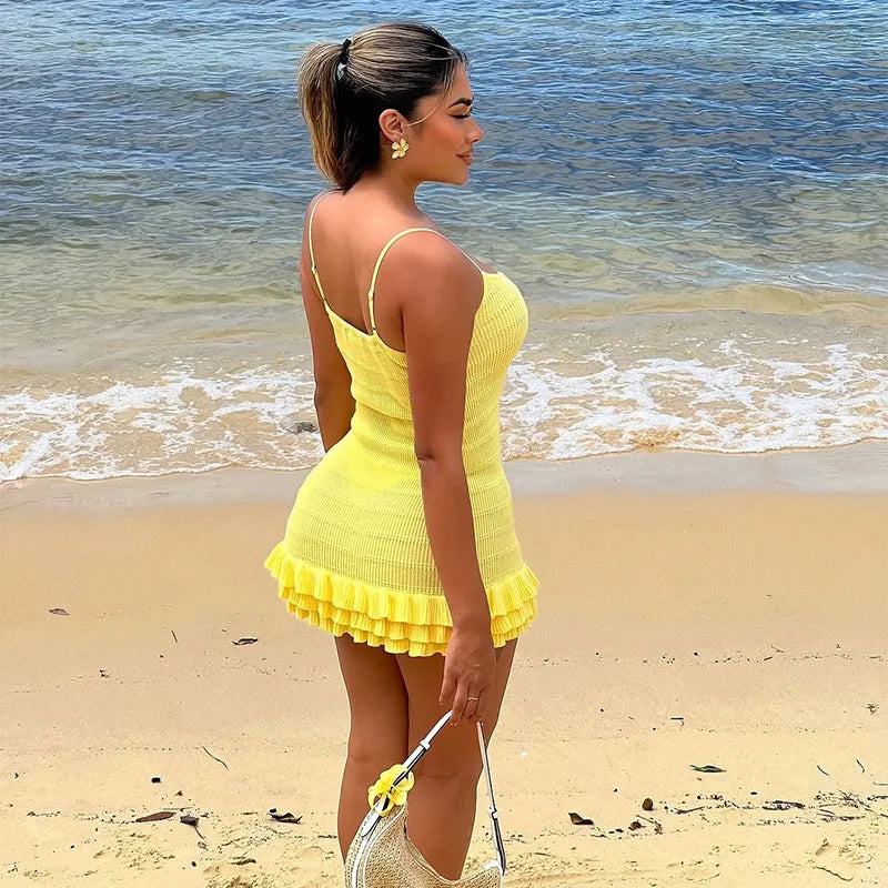 2025 Women's Knitted Backless Sleeveless Strap Dress Sexy High Street Solid Layered Slim Fit Vestidos Spring New Chic Beach Gown