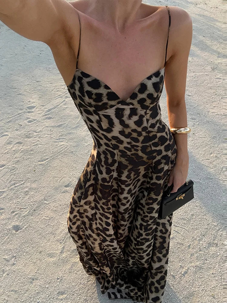 Long Lepord Print Sling High Waist Dress