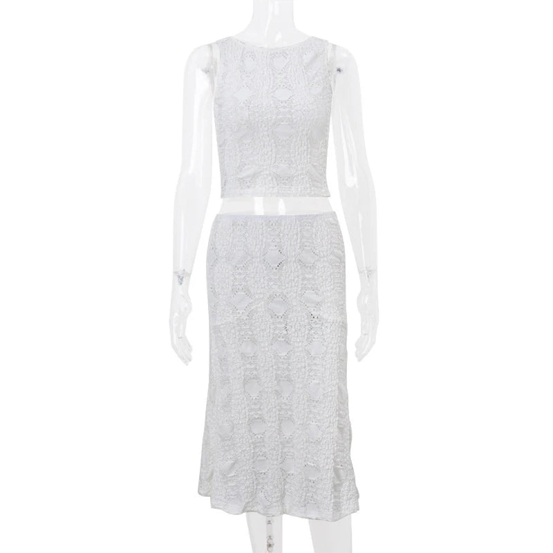 White Casual 2 Piece-Set Long Skirt + Hollow Out Patchwork Sexy Cropped Tank Top