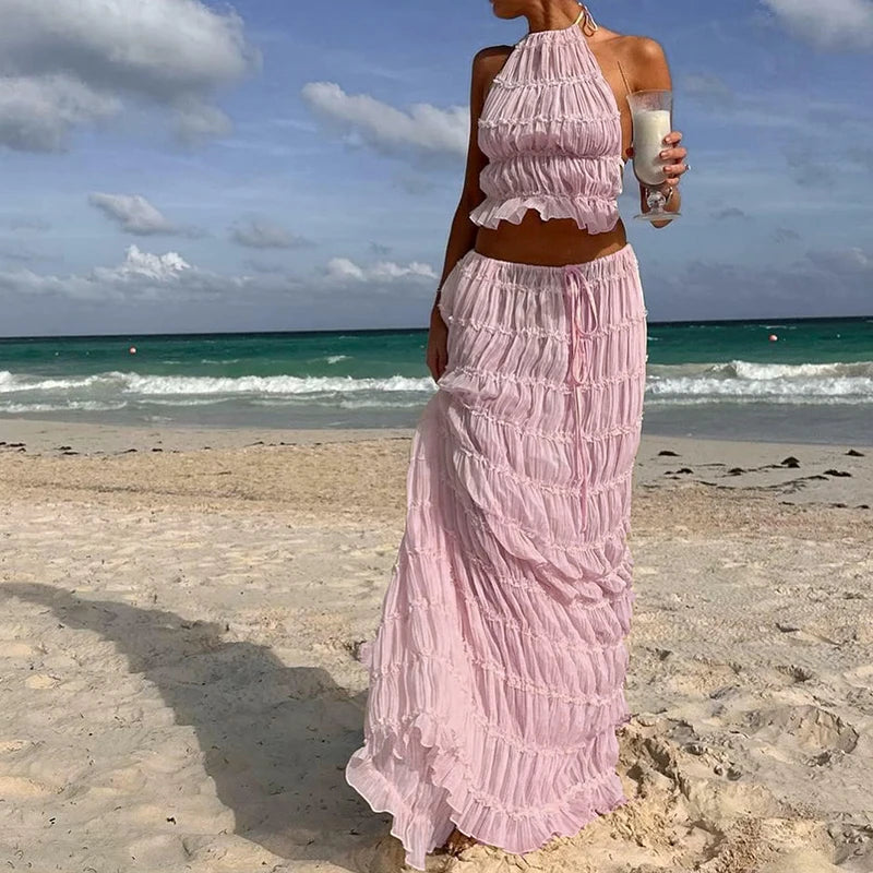 Matching Ruched Halter Cami Tops + Maxi Long Skirt
