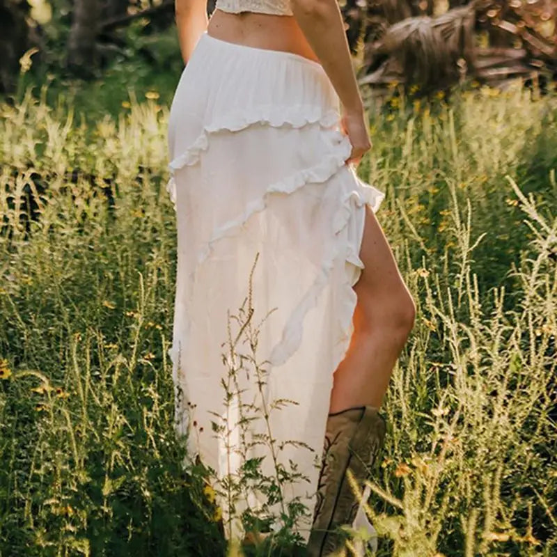 Low Waist Lace Up White Irregular Split White Midi Skirt Women