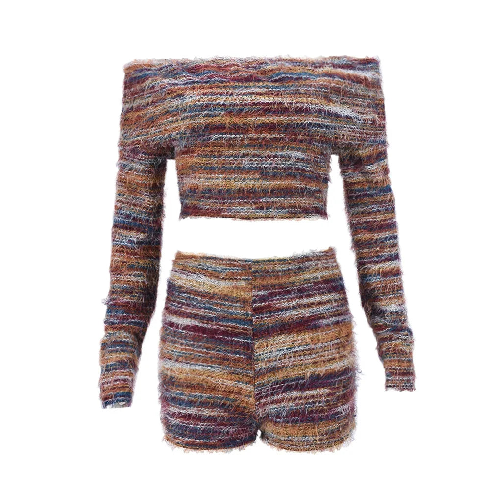 Colorful Stripe Knitted 2 Piece Set Slash Neck Long Sleeve Sweater + Tight Shorts
