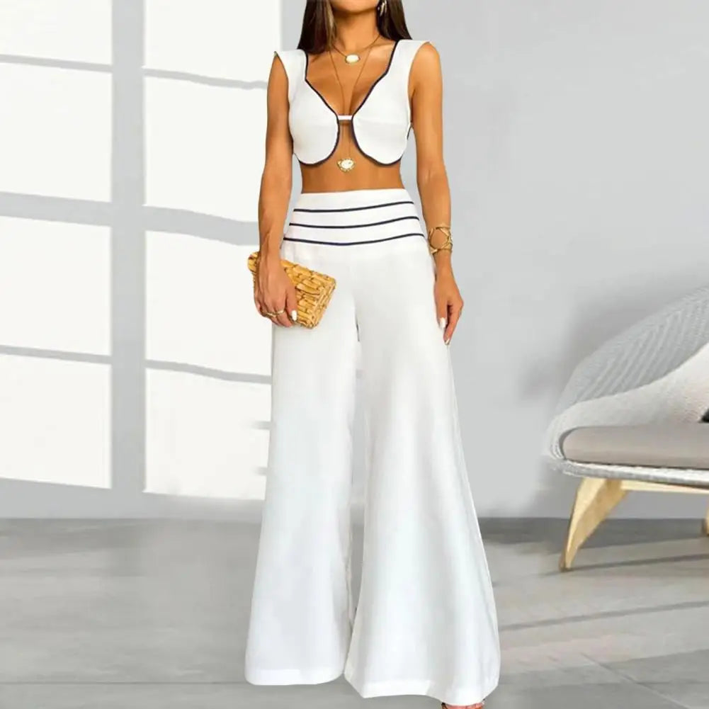 2 Piece Set Low-cut V Neck Top + Straight Pants